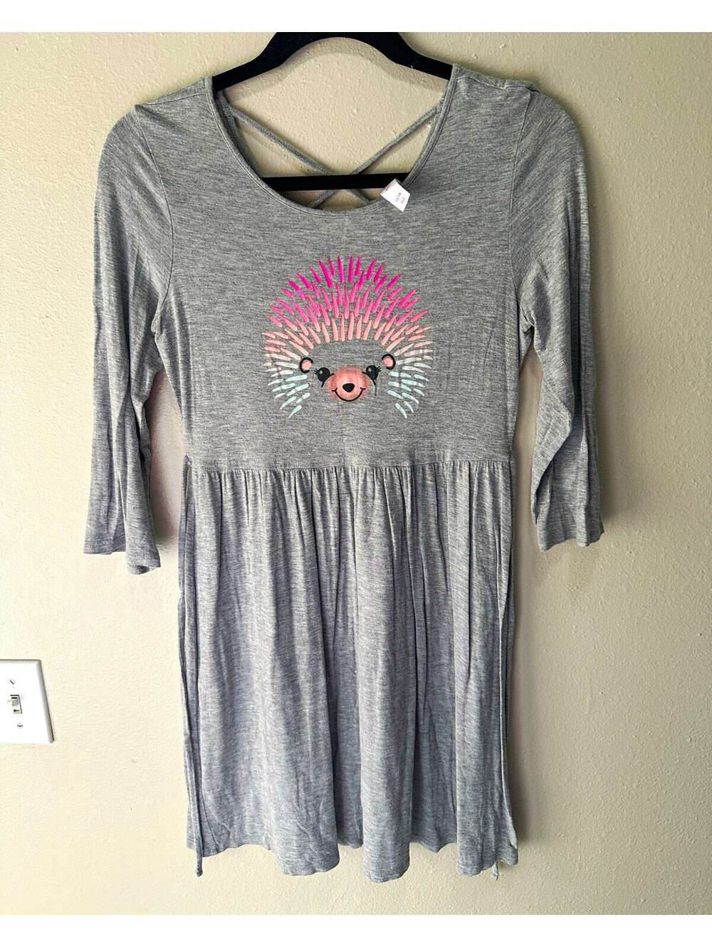 Justice Girls 14-16 Gray Fit & Flare Knit Graphic Hedgehog Dress 3/4 Knee